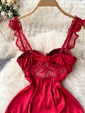 Lace Sexy Camis Party Dress Summer Women Hollow Out Spliced Mesh Irregular Fashion Backless Slim Long Evening