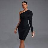 Long Sleeve Bandage Dress Black Bodycon Dress Evening Party Elegant Sexy One Shoulder Birthday Club Outfit 2022 New