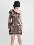 Zingj Spring Wear New Printing Heavy Industry Nail Bead Single Shoulder A Line Skirt Retro Style Small Long-Sleeved