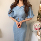 Women Bodycon Party Dress Solid Slim Summer Lady Sash Dresses Fashion Korean Maxi Vestidos Short Sleeve