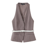 Temperament With Belt Striped Set 2025 Spring V Collar Vest High-Waisted Trousers