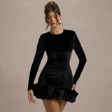 Women's Clothing 2025 Autumn New Fashion Temperament Velvet Collar Three-Dimensional Folded Hem Long-Sleeved Dress
