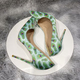 printing green 12cm pumps stiletto pointed toe sexy shoes party nightclub women shoes 8cm 10cm high heel purple