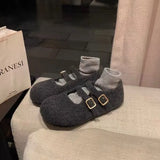 Double Buckle Hair This Flat Bottom Mary Jane Shoes Women 2025 New Autumn And Winter Fashion With Plus Fur