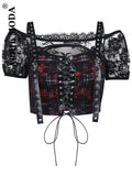 Sexy Black Plaid Lace Blouse Gothic Emo Tops Patchwork Shirt Femme Blusas PU Leather Women Blouse Slash Neck Vintage