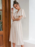 Chic polka dot botton a-line dress women Bell sleeve high waist maxi vestido elegant Office white dresses summer