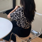 Women Leopard Chiffon Female Turn-down Collar Sexy Streetwear Fashion Casual Crop Top Short Sleeve Popular All-match