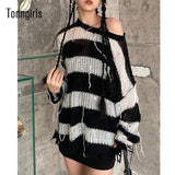 Vintage Sweater Women Striped Long Sleeve Hollow Out Hole Broken Jumper Loose White Black Y2K Streetwear