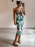 Hollow Out Women Plaid Print Midi Dress Backless Sleeveless Lace Up Bodycon Sexy Party Club Beach Street Chic