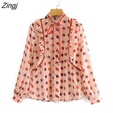 New Women Sweet Press Pleated Bow Tied Chiffon Shirts Lady Polka Dot Print Striped Blouse Roupas Chic Ruffles Tops