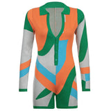 Women Skinny Playsuits Plaid Long Sleeve Button Up Shorts Jumpsuits 2022 Summer Sexy Night Club Party One Piece