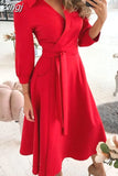 Women Summer Long Dress Short Sleeve V Neck Solid Vintage Elegant Chic Shirt Dress With Belt Office Ladies Party