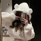 Autumn Winter Women's Plush Sweater Slim Retro Fashion Thickened Short High Waisted Bear Hooded Top and Short