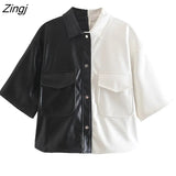 Women VIntage Black White Color Patchwork PU Leather Blouse Female Short Sleeve Pocket Patch Shirt Chic Blusa Tops