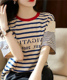 Version Of Loose Good-Looking Youth-Down Navy Blouse Woman! Letters Printed Short-Sleeved Cotton Striped