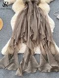 Summer Beach Vacation Style Dress Women Elastic Waist Spaghetti Strap Ribbon Irregular Fashion Sexy Slim Long