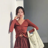 Sexy lace up knitting pullover top Fashion autumn winter sweater women Chic pink V-neck knit slim jumper pull