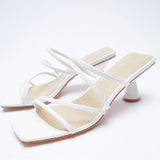 ZA Brand 2022 Summer New White One Word With Fashion Square Toe High Heels Sexy Stiletto Muller Sandals And Slippers Women