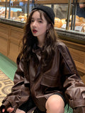 Spring Short Oversized Brown Soft Light Faux Leather Jacket Women Long Sleeve Black Loose Autumn Korean fashion