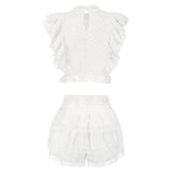 White Ruffles Crop Top And Shorts Set- Outfit