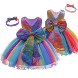 Princess Dress Bowknot Sequined Party Tutu Gown Kids Dresses For Girls Baby Casual Wear Rainbow Frocks Children