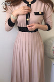 Korean Elegant Knitted Dresses Women Slim A-line High Waist Pleated Dress Female 2023 Gentle Lady Long Sweater Base