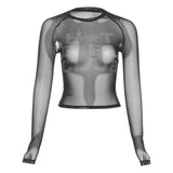 2025 New Women's Fashion Hottie Sexy Round-Neck Printing Mesh Perspective To Repair Short T-Shirt