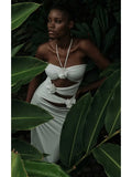 Halter Flower Cut Out Slim Long Dress Elegant White Sleeveless Skinny Cutout Floral Pleated Maxi Dress Club Party