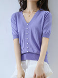 Silk Knitted Sweater Short-Sleeved Women's Summer New V-Neck Pearl Button T-Shirt Loose And Thin Short Five-Point Sleeve