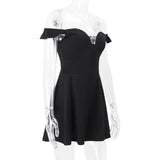 Black Off-shoulder Deep Neck Mini Dress- Outfit