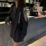 Korean Style Solid Hoodie Women Streetwear Grey Hollow Out Open Shoulder Pullovers O-neck Goth Punk Sweatshirts