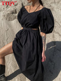Summer Short Sleeve Black Dress Casual Loose High Waist Midi Dress Sexy Hollow Out Backless Elegant Dresses For Women