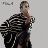 2021 Autumn Winter Oversized Pullover Women Knitted Turtleneck Long Sleeve Striped Loose Sweater Casual Fashion