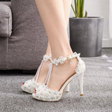 Fish Mouth Beads Waterproof Table High Heel Sandals Waterproof Table Sandals Fine Heel Lace Beaded Wedding