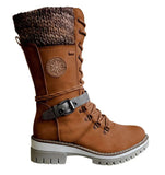Zingj Medium-Sized Women's Boots 2024 Winter New Round Head Square Heel Leather Buckle Wool Spliced Martin