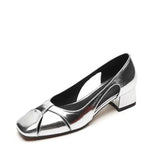 Vintage Silver Shallow Mouth Sandals Women's Low Heel Summer 2025 New Style Elegant Soft Leather Square Head Thick Heel Mary Jane