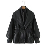 Fashion Collar Design Lantern Sleeve Imitation Leather Jacket Woman In Autumn