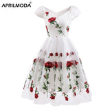 Rose Flower Embroidery Women Party Dress V Neck Elegant Pleated Mesh Floral Printed White Midi Tunic Vintage Formal