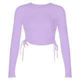 O-Neck Long Sleeve Bodycon Cropped Tops Autumn 2020 Women Irregular Drawstring Bandage Knitted Solid