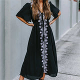 Elegant Flare Sleeve V-Neck High Waist Summer Beach Dress Plus Size Women Street Wear Red Embroidered Midi Dress