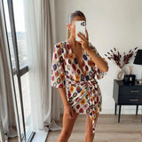 Women Wrap Irregular Mini Dress High Waist V-neck Print Fashion Bow Pleated For Party Holiday Casual