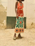 Colorful Printed Backless Halter Dress Women Fashion Sleeveless Slim Long Robe Summer Lady Chic Vacation Party
