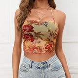Women's Flower-Print Mesh Blouse Sexy Body Cross Hanging Neck Sling Vest