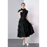 Zingj Ear Draw Pleattie Irregular Hem Belt Fold Long Dress Female Commuting Foreign Style Stand Collar