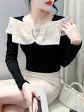 Autumn Cotton T-shirt Women's Beading Bowknot Slash Collor TShirts Female Fashion Slim Top
