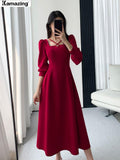 New Women Vintage Elegant Party Midi Red Dress Lady Birthday Party A Line Fashion Robe Female Clothing