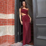 Sheer Draped One Shoulder Cut Out Maxi Dress- Outfit