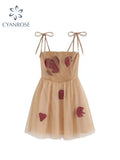 Elegant A Line Suspender Dress Women Vintage Mesh Patchwork High Waist Dress Y2k Harajuku Off Shoulder Mini Dress