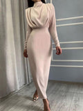 Elegant Women Dress Stand Collar Slim Waist Solid Blue Ankle Length Autumn Long Sleeve Casual Party Dress