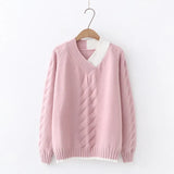 Autumn Winter Knitted Pullover Sweater Women Long Sleeve Spliced V Neck Sweater Pink White Blue Red